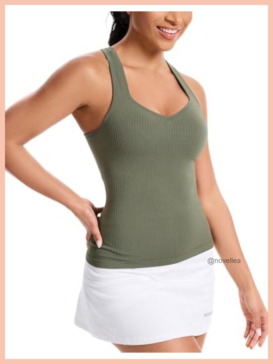 Tops - Seamless Ribbed Workout Tank Top with Built-in Bra, Racerback